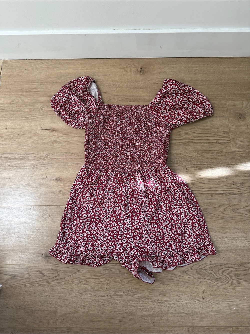 Amazon Red Floral Smocked Romper with Puff Sleeves